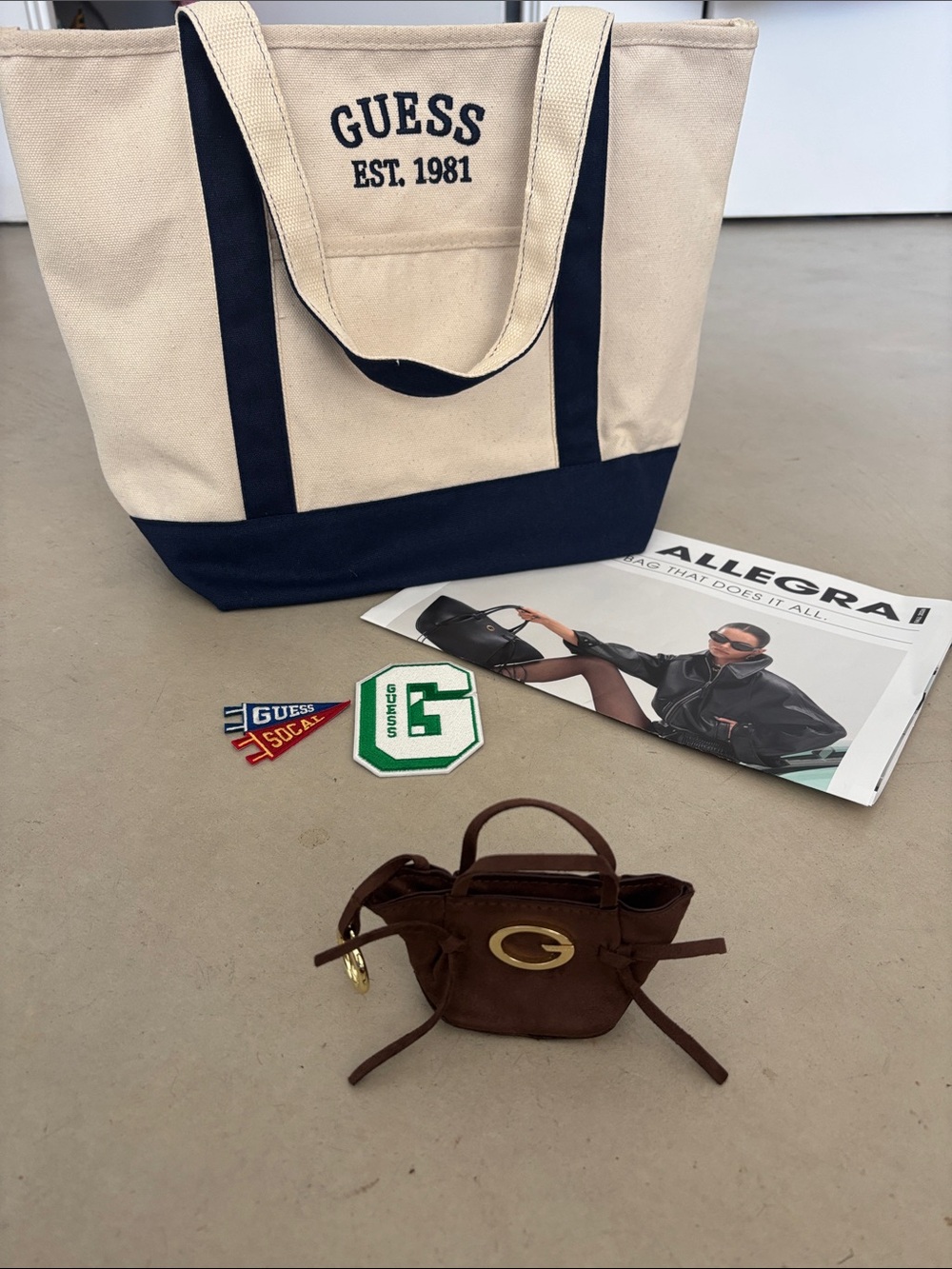 New GUESS Allegra LA Pop Up Allegra mini bag keychain, tote & decals, & lookbook